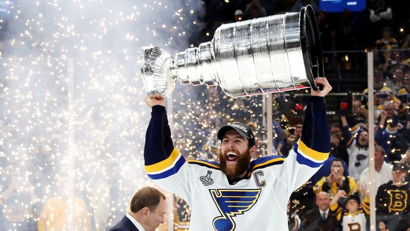 St. Louis captain Alex Pietrangelo celebrates with the Stanley Cup after the Blues' 4-1 win over the Boston Bruins in Game 7 of the Stanley Cup Final on Wednesday. (Bruce Bennett / Getty Images)