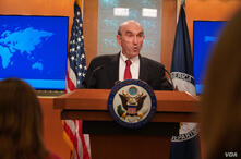 Elliott Abrams, enviado especial de Estados Unidos para Venezuela, en rueda de prensa en el Departamento de Estado. [Foto: Alejandra Arredondo]