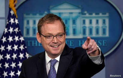Trump economic adviser Kevin Hassett gestures as he speaks during a news briefing at the White House in Washington, U.S.,…