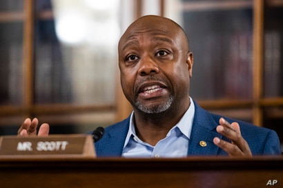 Senate Special Committee on Aging member Sen. Tim Scott, R-S.C., speaks during a hearing to examine caring for seniors amid the…